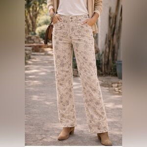 Johnny Was Embroidered Corduroy Pants Cream Taupe Floral Boho Size M 32x28